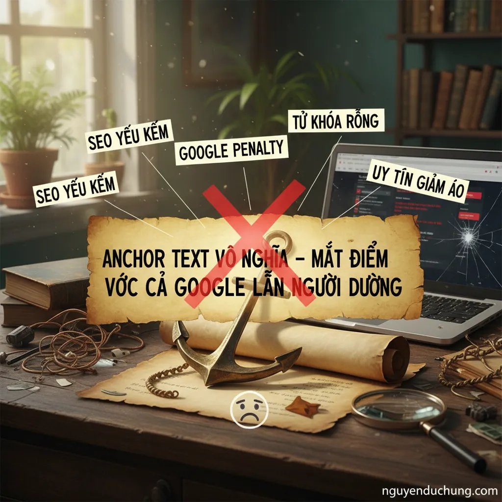 Dựa trên tiêu đề "Anchor text vô nghĩa – Mất điểm với cả Google lẫn người dùng", 6 từ khóa hoặc cụm từ khóa chính có thể là: