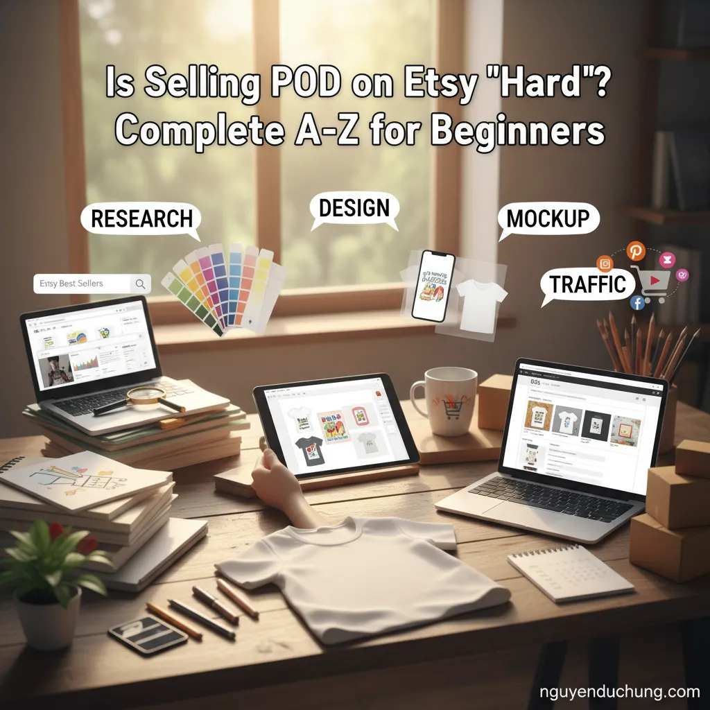 Dưới đây là 6 từ khóa hình ảnh duy nhất cho tiêu đề "Bán POD trên Etsy có "khó" không? A-Z hoàn chỉnh dành cho người mới bắt đầu":
