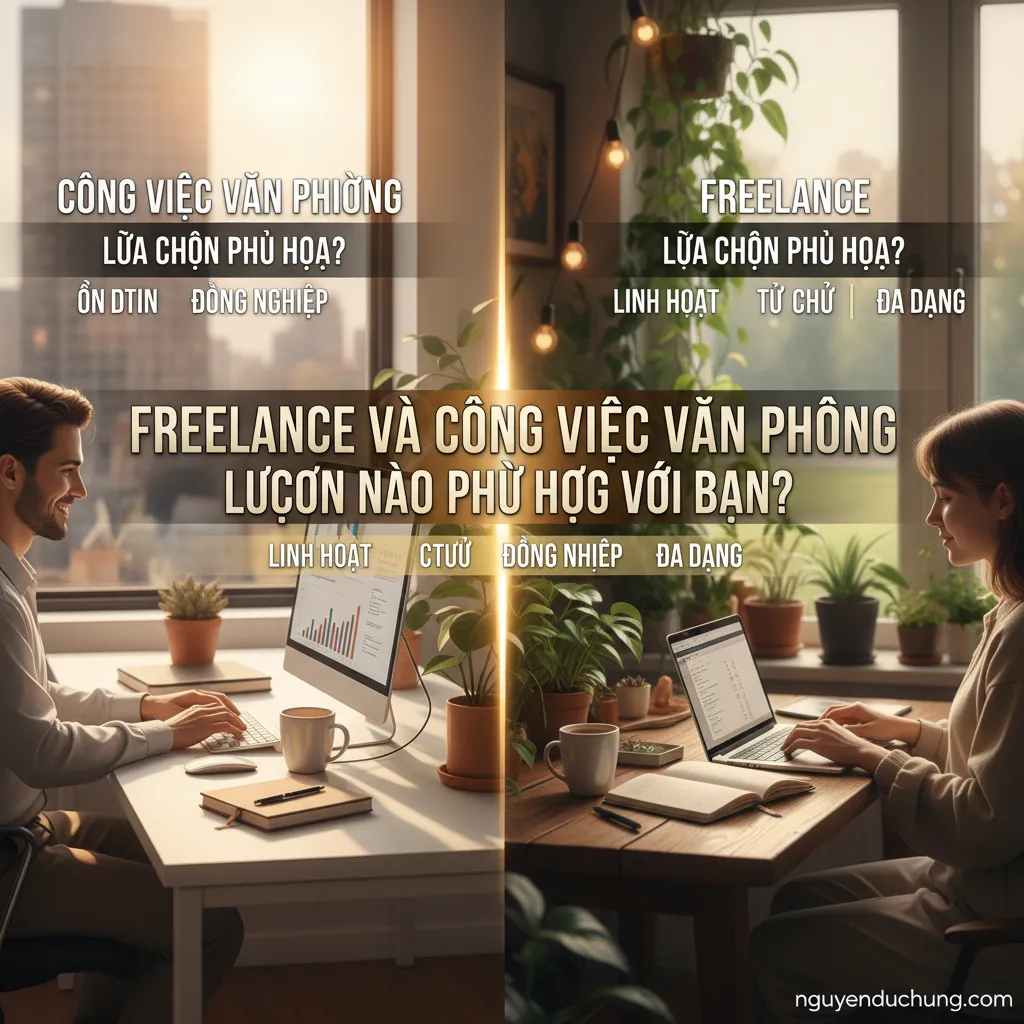 Dưới đây là 6 từ khóa hoặc cụm từ khóa chính từ tiêu đề "Freelance và công việc văn phòng: Lựa chọn nào phù hợp với bạn?":