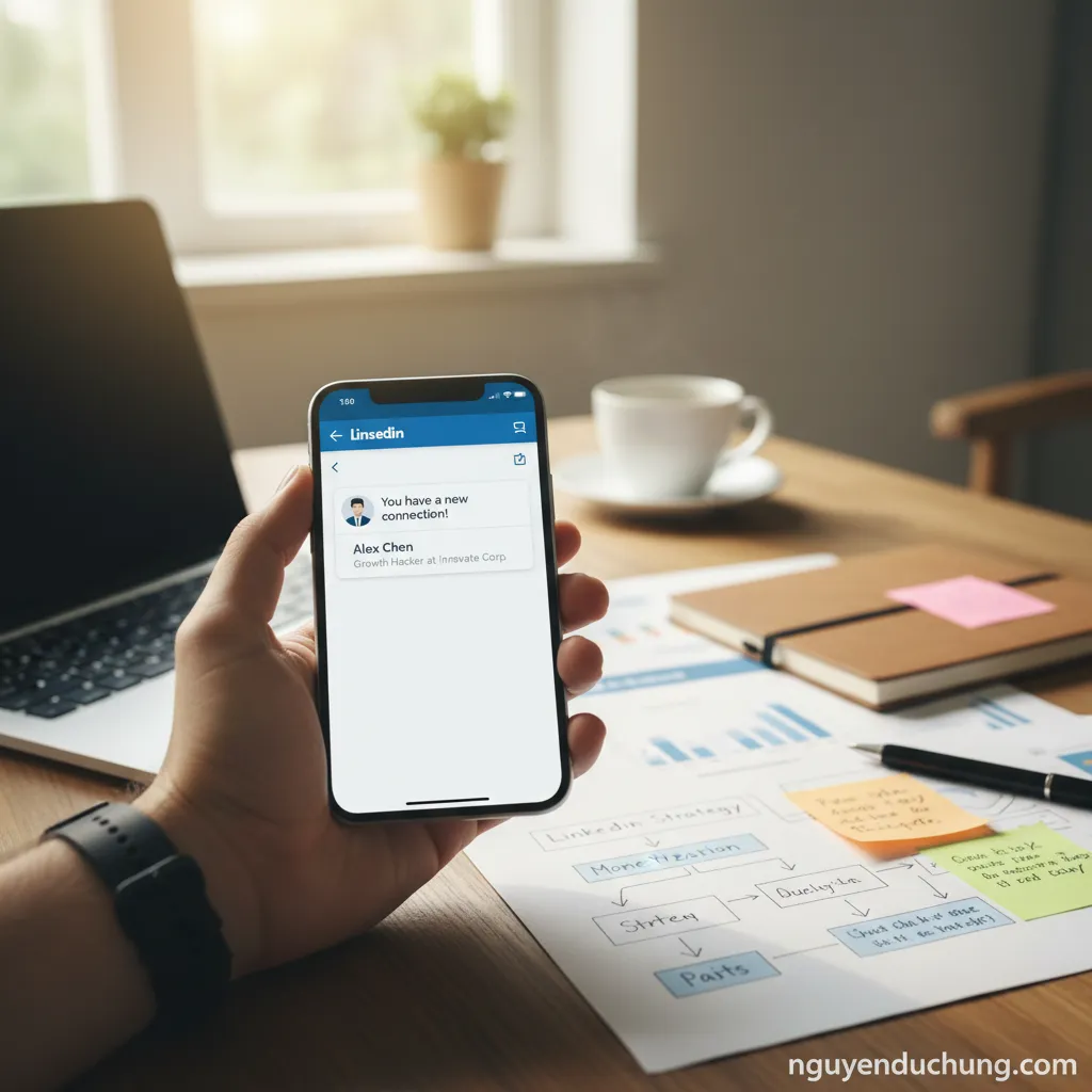 1. Bàn tay cầm điện thoại hiển thị giao diện LinkedIn với thông báo kết nối mới.