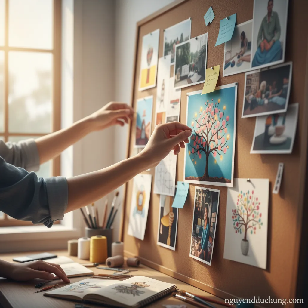 Tay đang ghim ảnh lên bảng