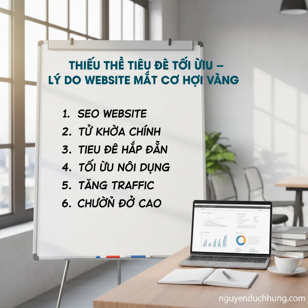 Dựa trên tiêu đề "Thiếu thẻ tiêu đề tối ưu – Lý do website mất cơ hội vàng", đây là 6 từ khóa hoặc cụm từ khóa chính có thể được sử dụng: