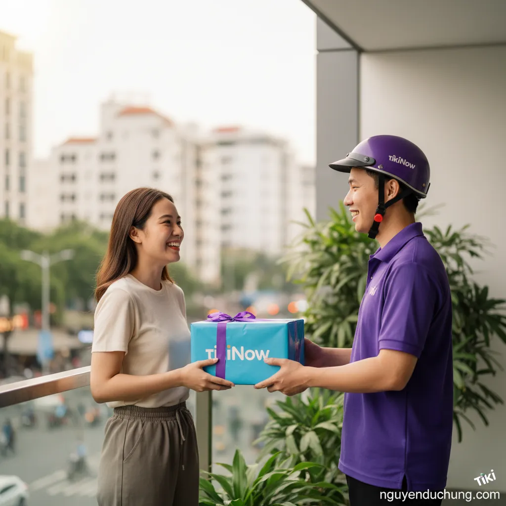 Khách hàng nhận hàng TikiNow tươi cười