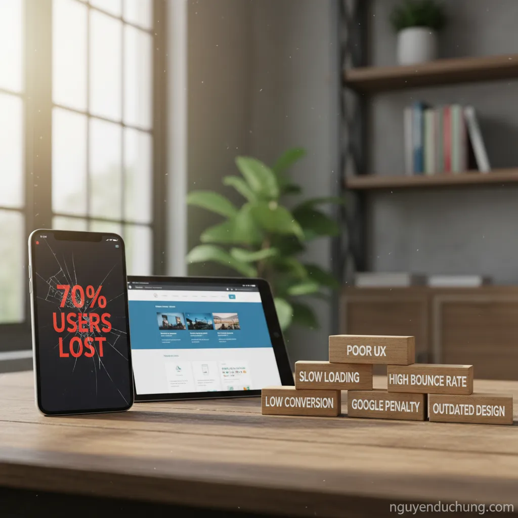 Dựa trên tiêu đề "Website không mobile-friendly – Tự đánh mất 70% người dùng", đây là 6 từ khóa hoặc cụm từ khóa chính có thể dùng: