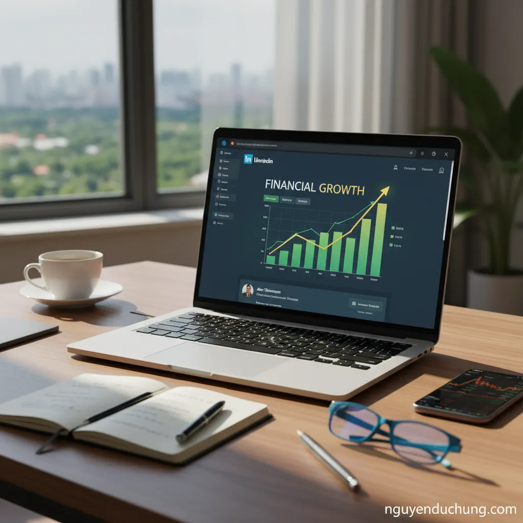 2. Biểu đồ tăng trưởng tài chính được chiếu lên màn hình máy tính xách tay đang mở LinkedIn.